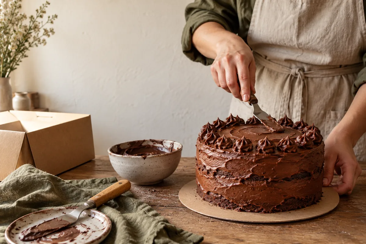 Manos terminando una torta de chocolate en un taller de repostería